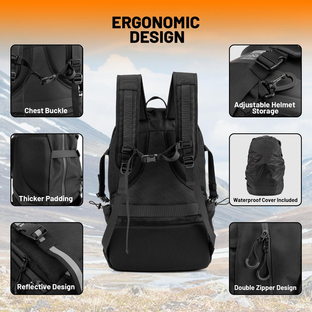 Oumurs backpack next to full-face helmet demonstrating 50L capacity