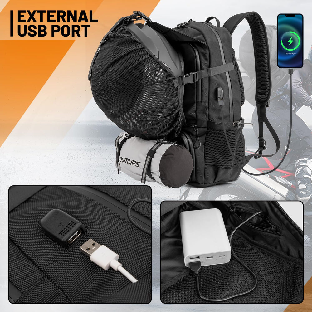 Oumurs backpack with waterproof cover deployed protecting contents from rain