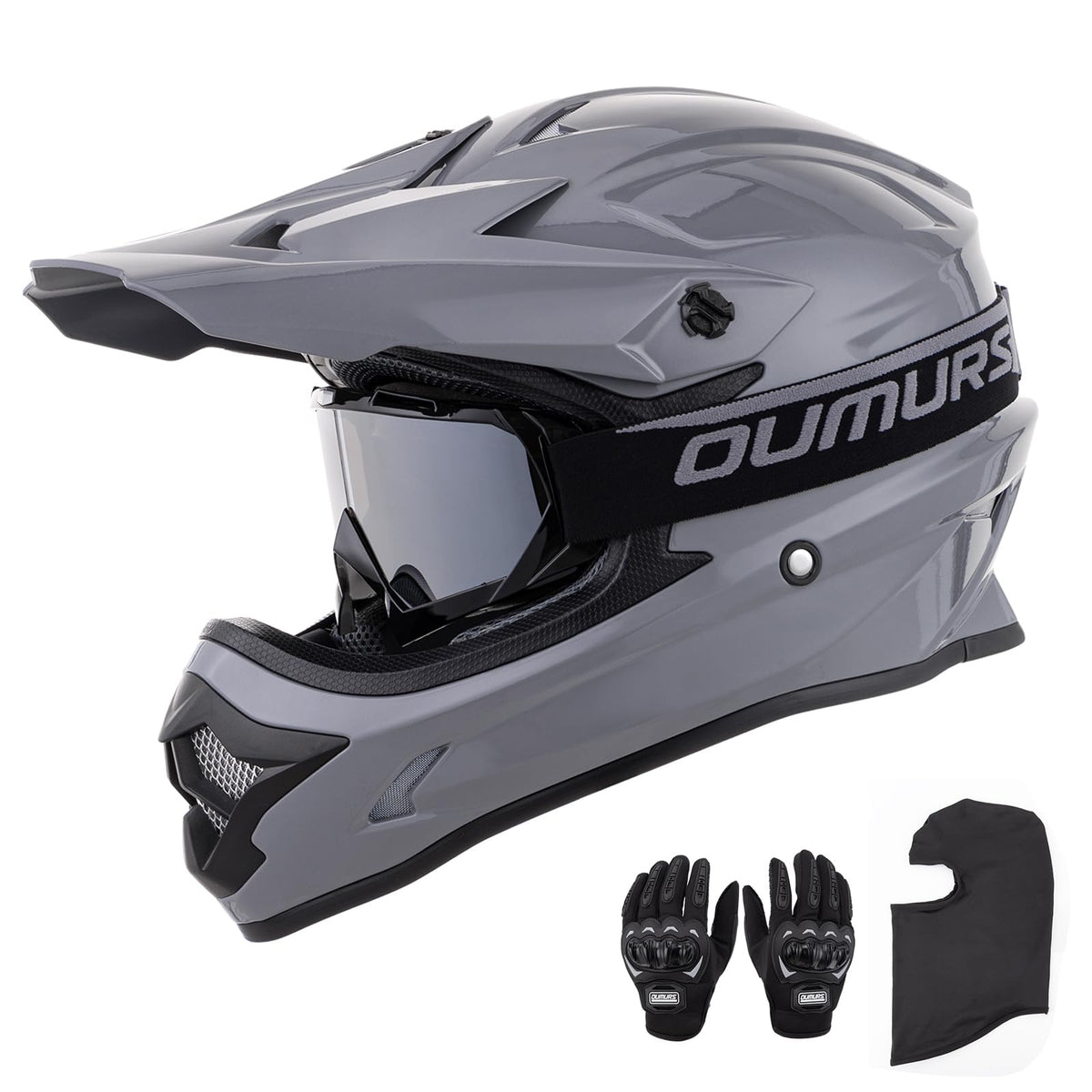 Oumurs helmet front profile showing full-face design and secure fit