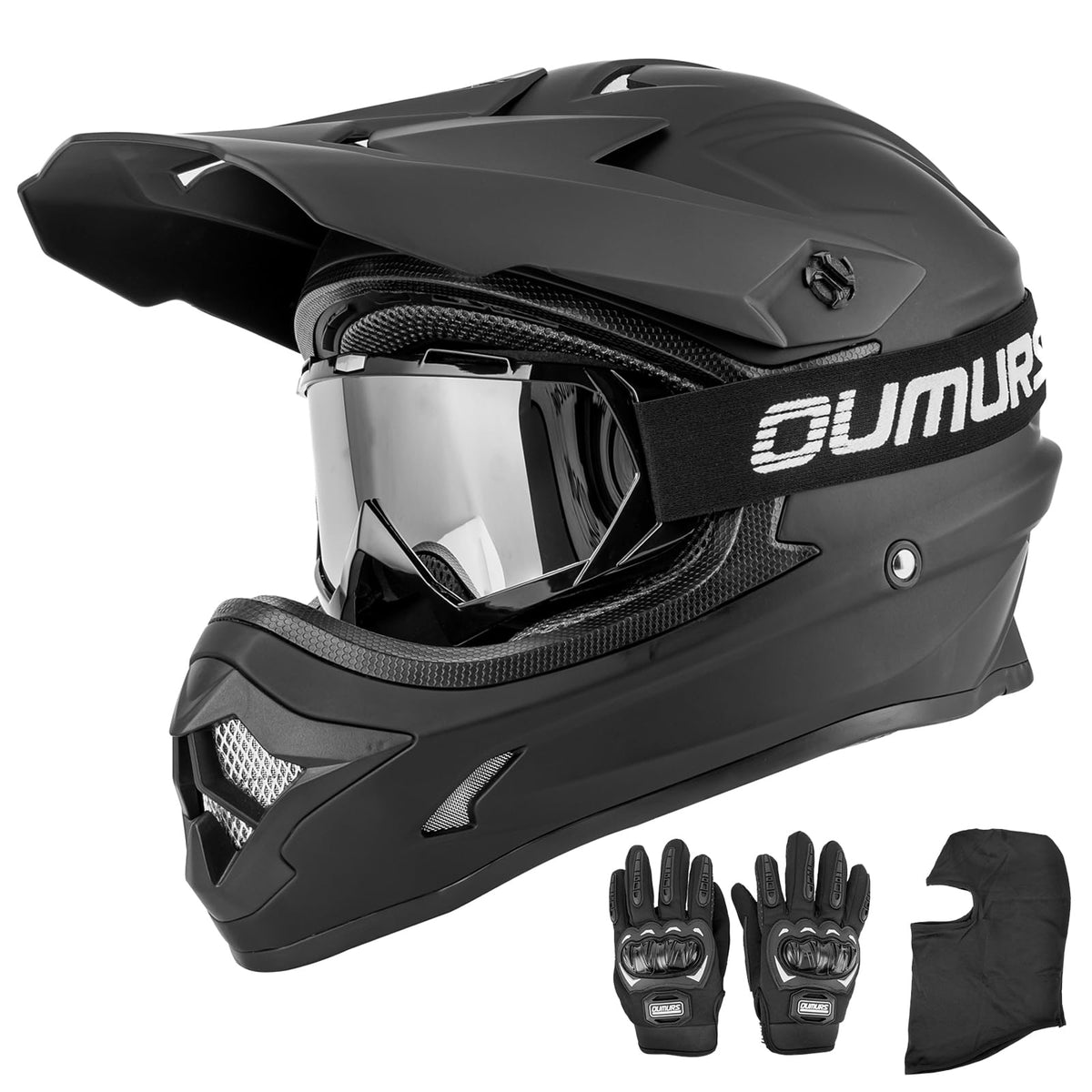 Oumurs helmet front view showing matte black finish and protective shape