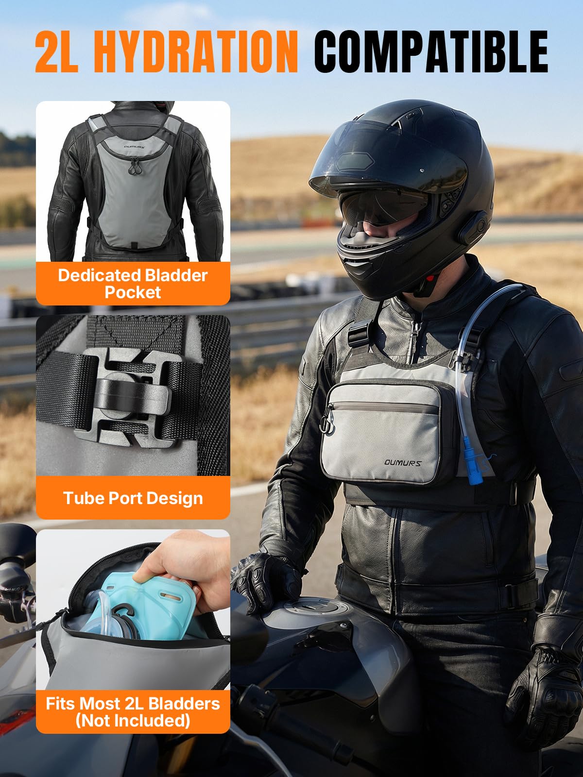 Oumurs hydration compartment open showing 2L bladder fit