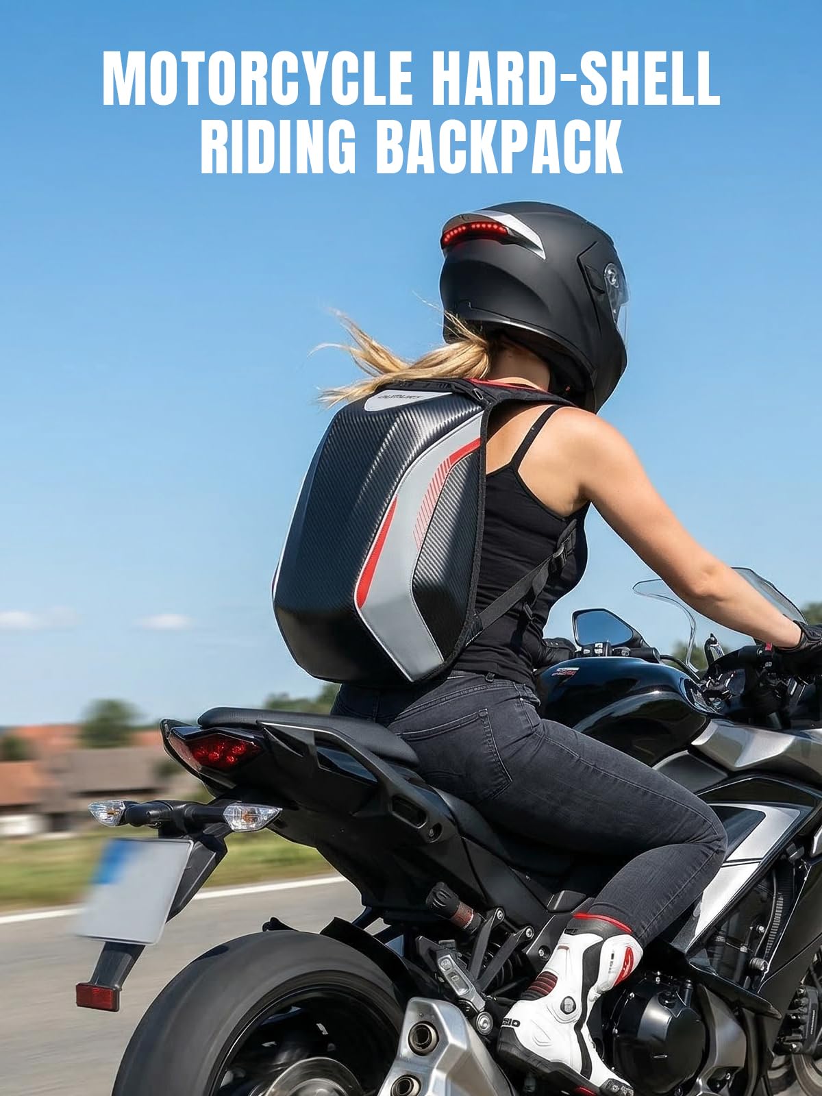Oumurs backpack mounted on motorcycle demonstrating compact aerodynamic riding benefit