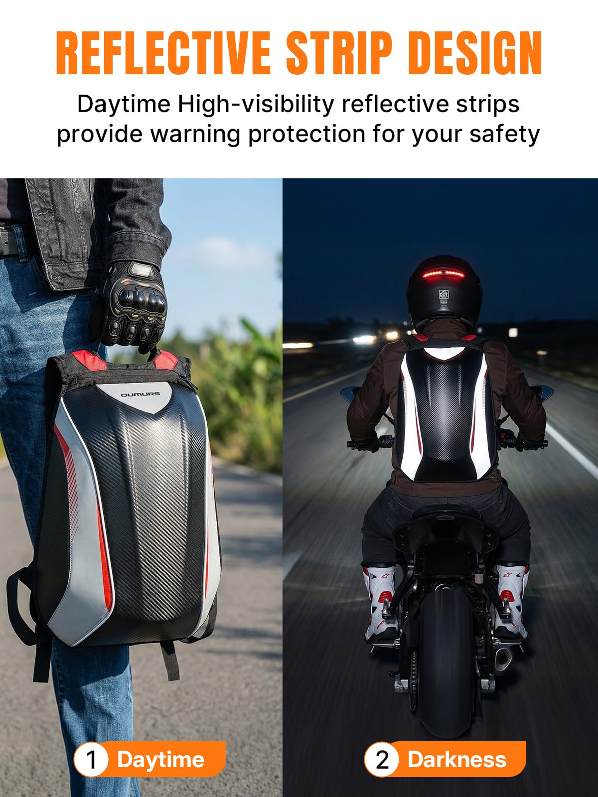 Oumurs reflective strips lit at dusk improving rider visibility and safety