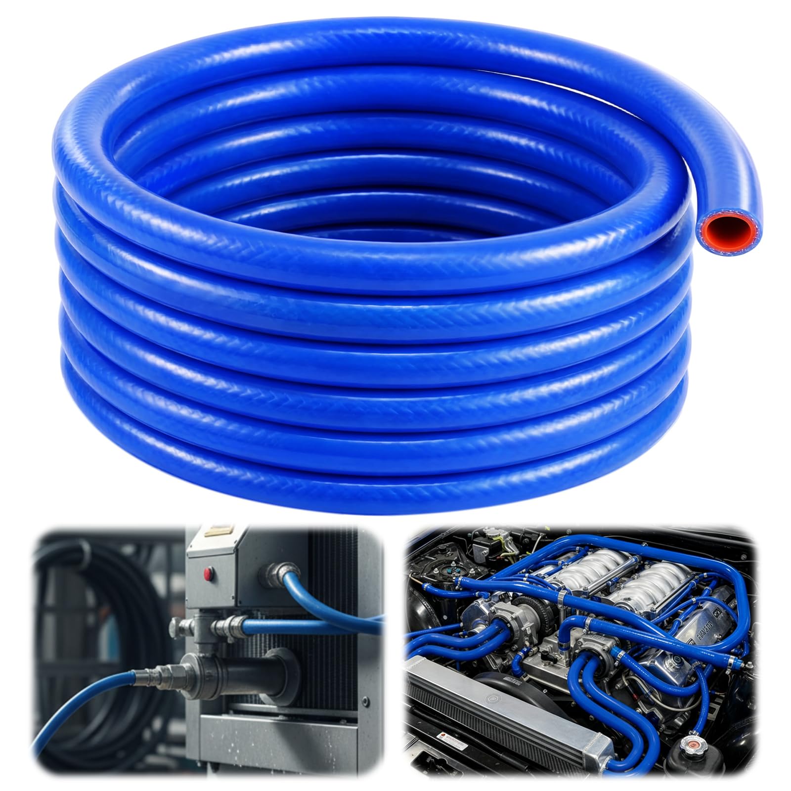 Outus blue silicone hose coil front view showing length and flexibility benefit