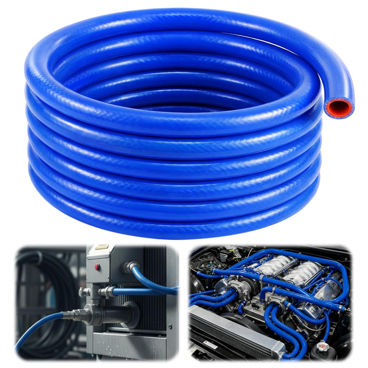 Outus blue silicone hose coil front view showing length and flexibility benefit