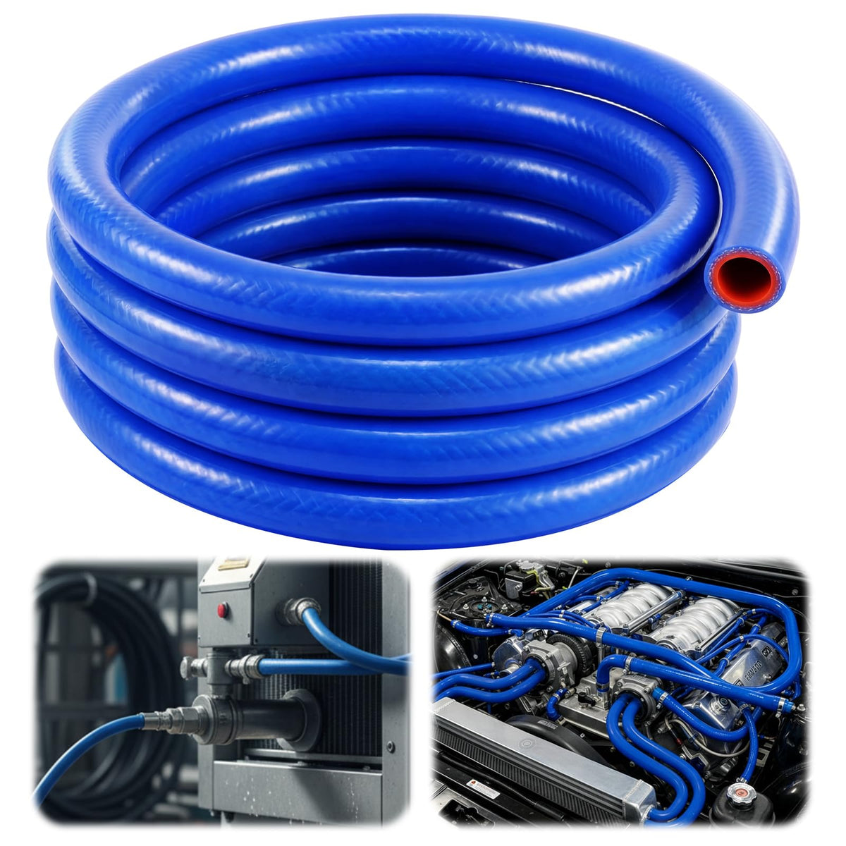 Outus blue silicone heater hose full coil showing length and flexibility benefit
