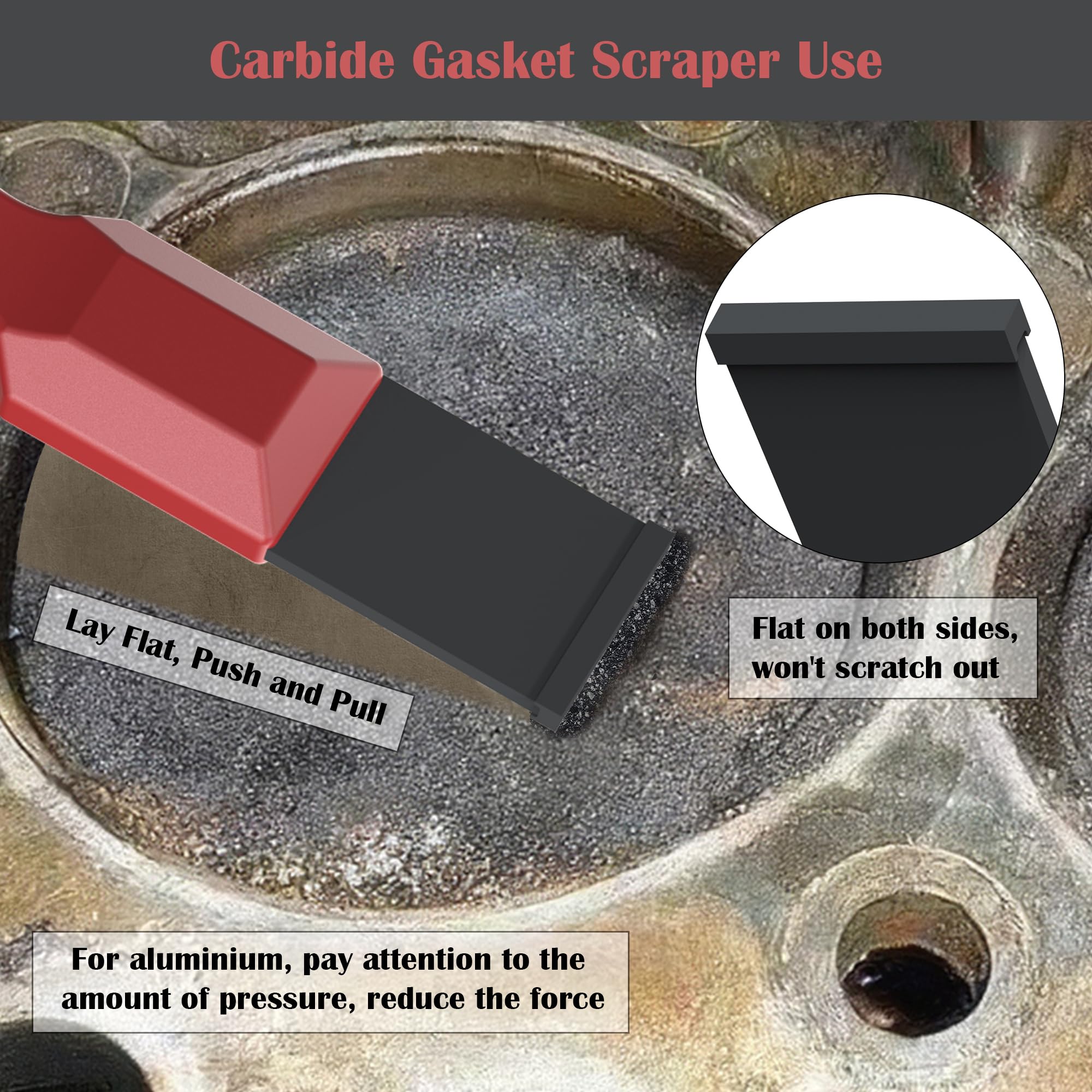 OUXIO scraper removing gasket residue from engine head showing efficient clean-up benefit