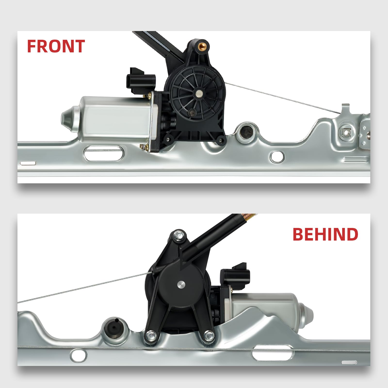 OVANOH driver-side window regulator front view illustrating mounting points and solid construction benefit