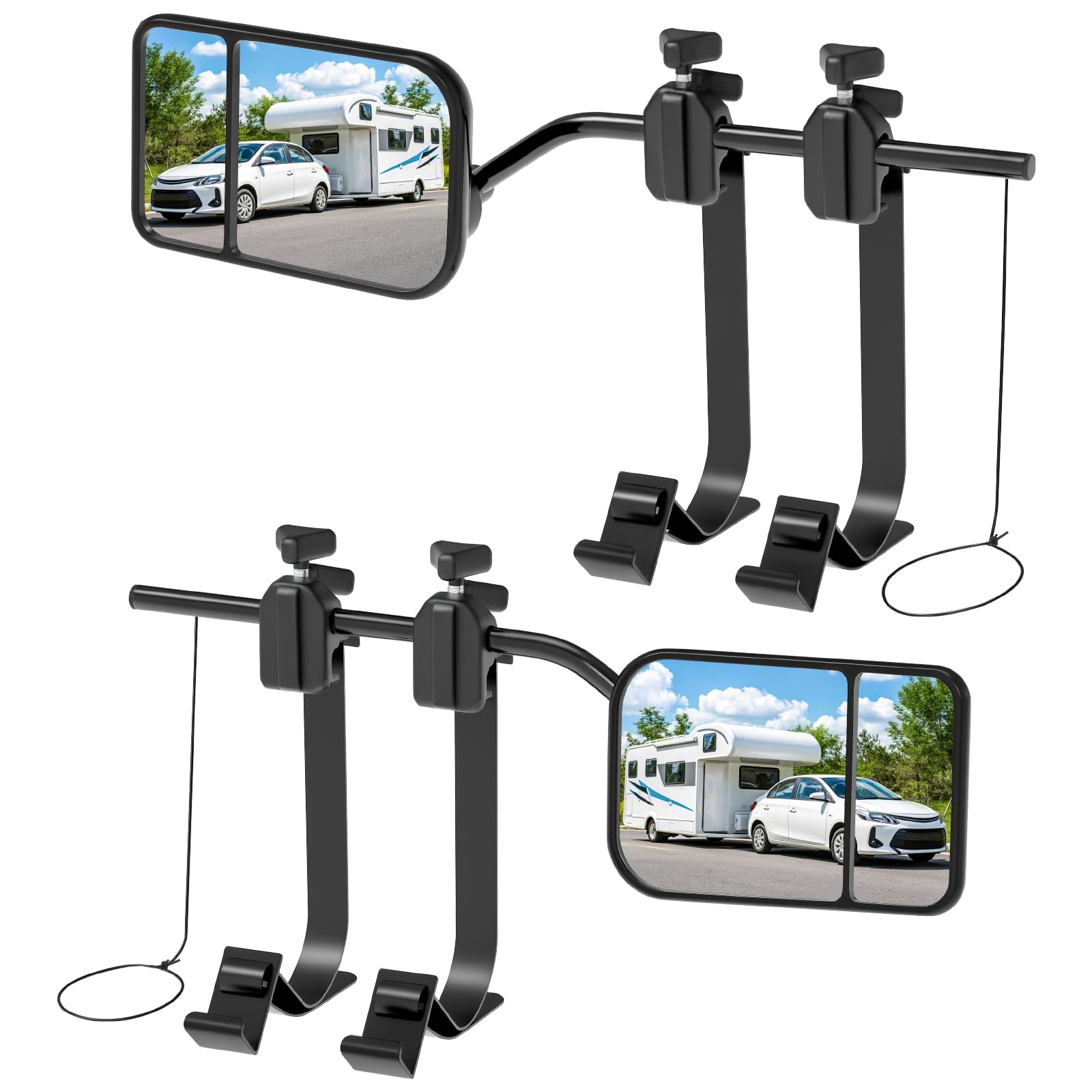 Oxerbog front view packed kit showing complete two-piece towing mirrors and benefits