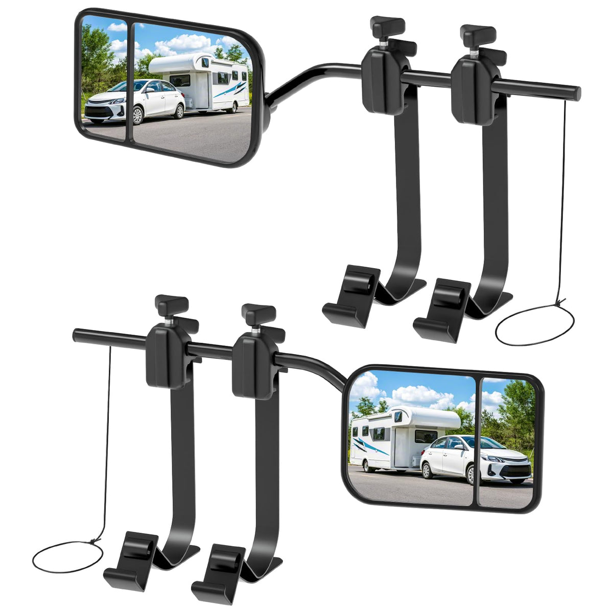 Oxerbog front view packed kit showing complete two-piece towing mirrors and benefits