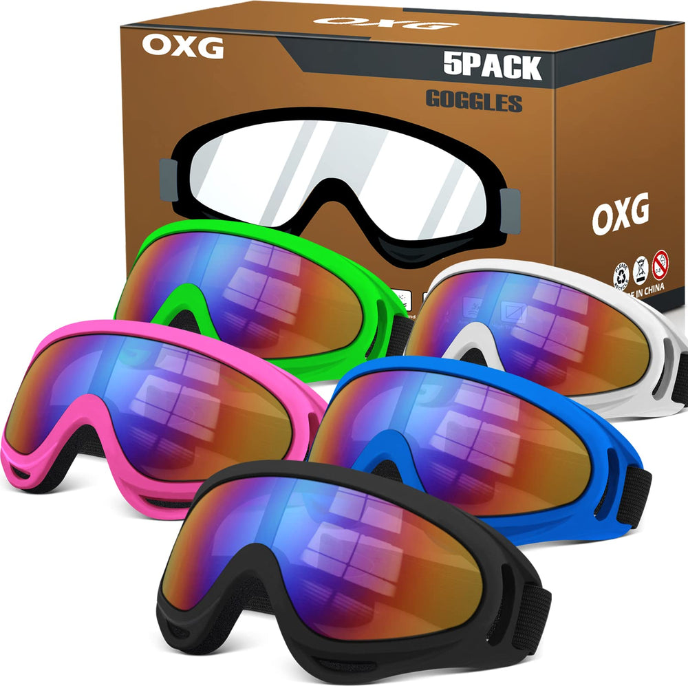 OXG front packaging showing five multicolor goggles, conveys kit value