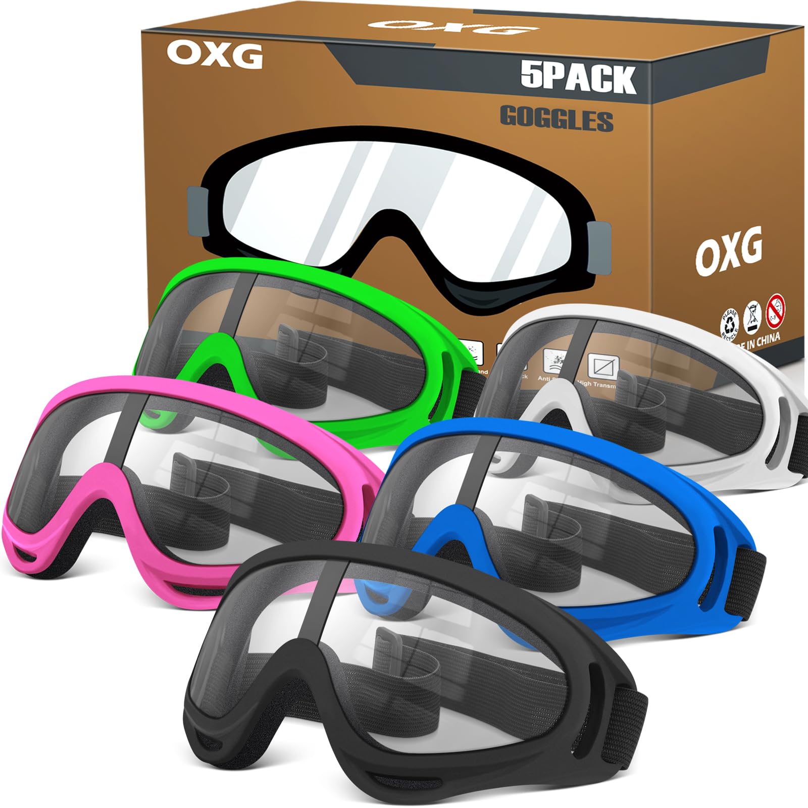 OXG front view showing five pairs and multicolor lenses protecting eyes
