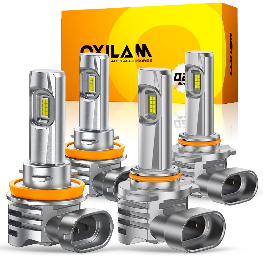 OXILAM front pack of four LED bulbs showing compact plug-and-play design and quick install benefit