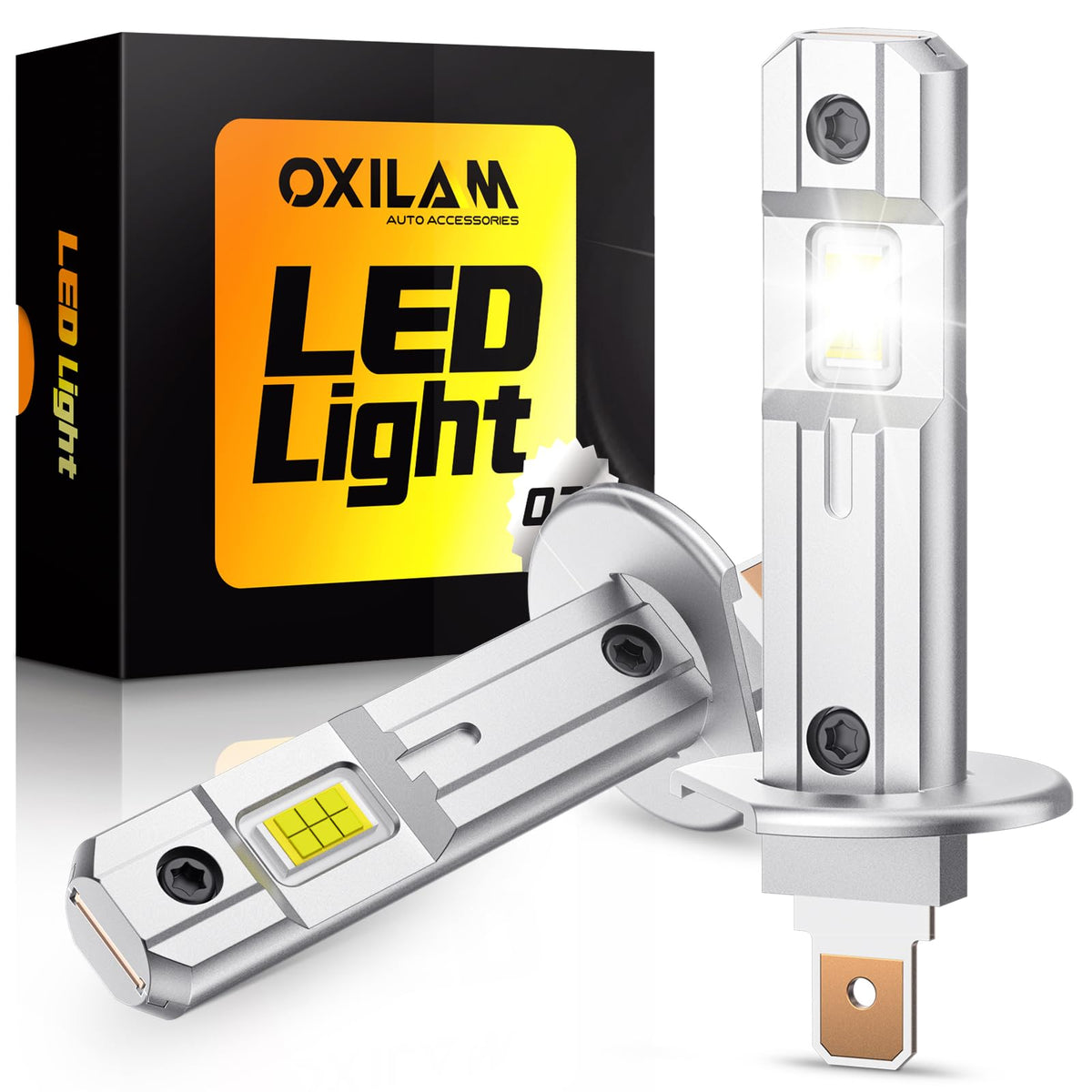 OXILAM front packaging showing two H1 LED bulbs and benefits