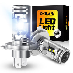 OXILAM front view pair H4 9003 LED bulbs showing plug-and-play benefit