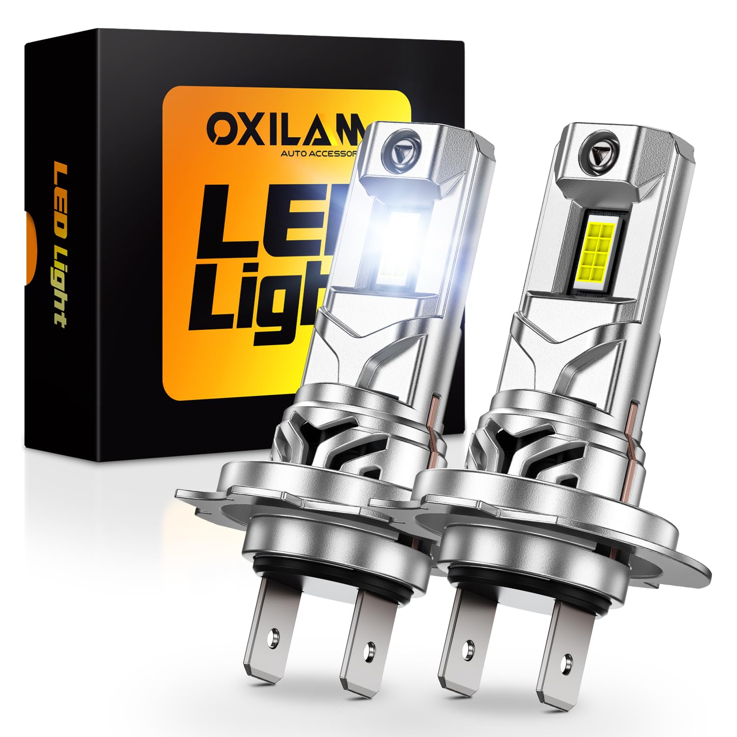 OXILAM H7 front view showing entire bulb and plug, clear upgrade benefit