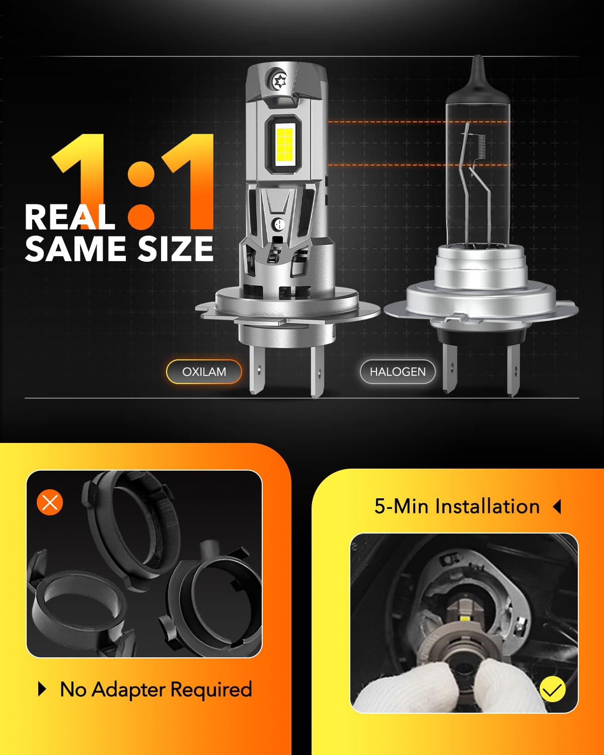 OXILAM bulb fitted into headlight housing demonstrating plug-and-play compatibility