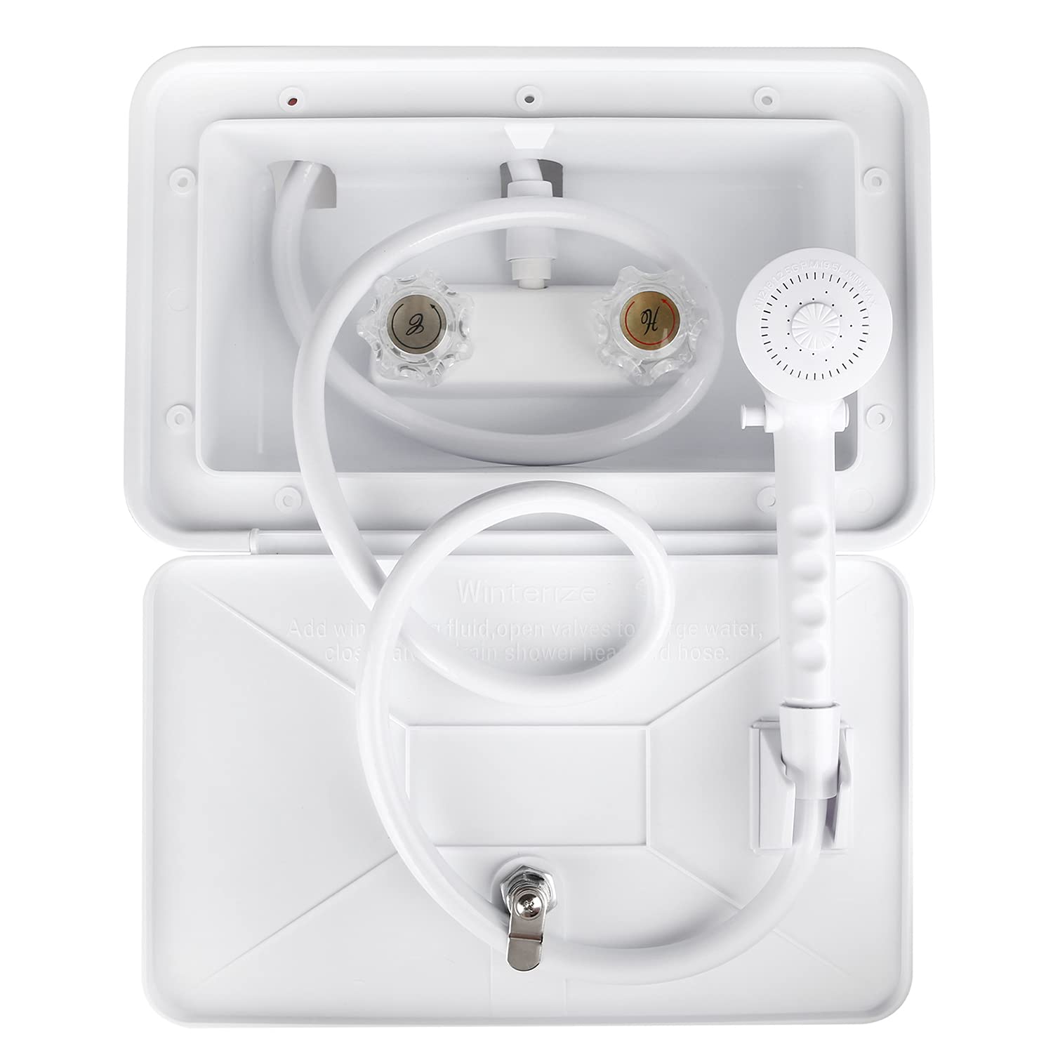 OYMOV exterior shower box front view showing sleek matte finish and compact design for curb appeal