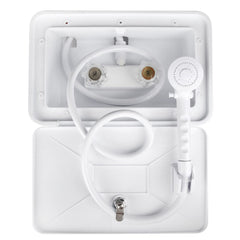 OYMOV exterior shower box front view showing sleek matte finish and compact design for curb appeal
