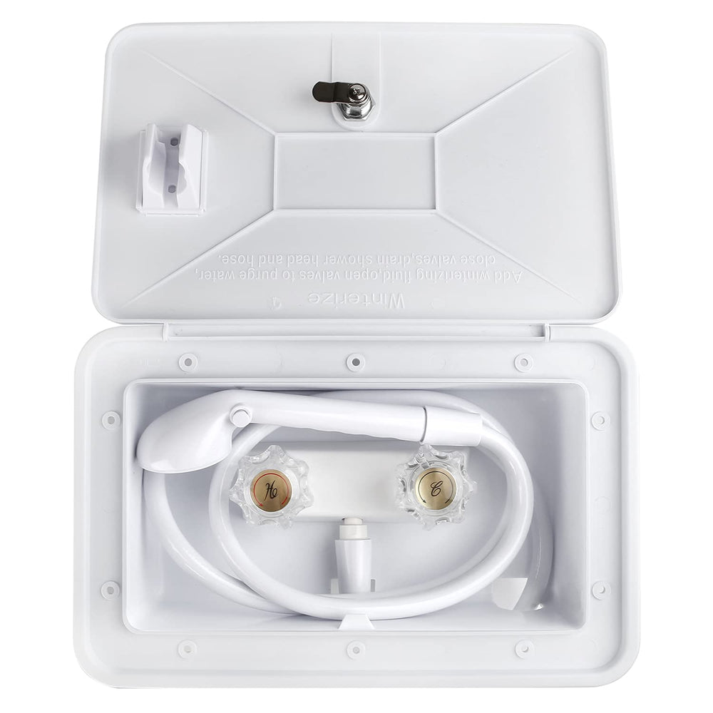 OYMOV shower box open revealing built-in faucet and dual knobs for easy temperature control
