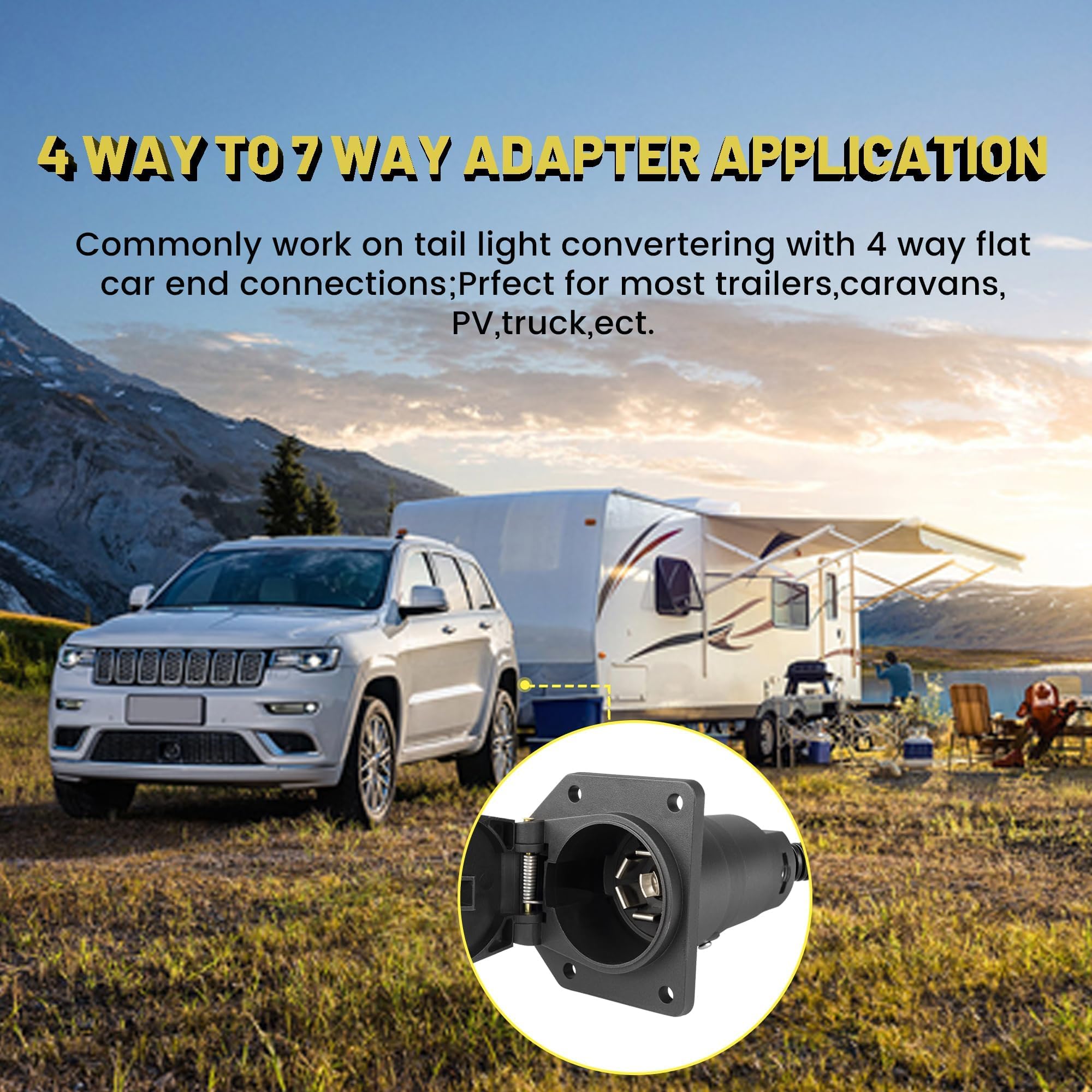 Oyviny 7-way socket detail highlighting blade openings and secure latch