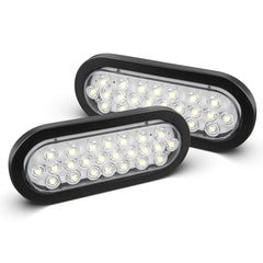 Oyviny front face of 6-inch oval LED light showing clear lens and bright visibility