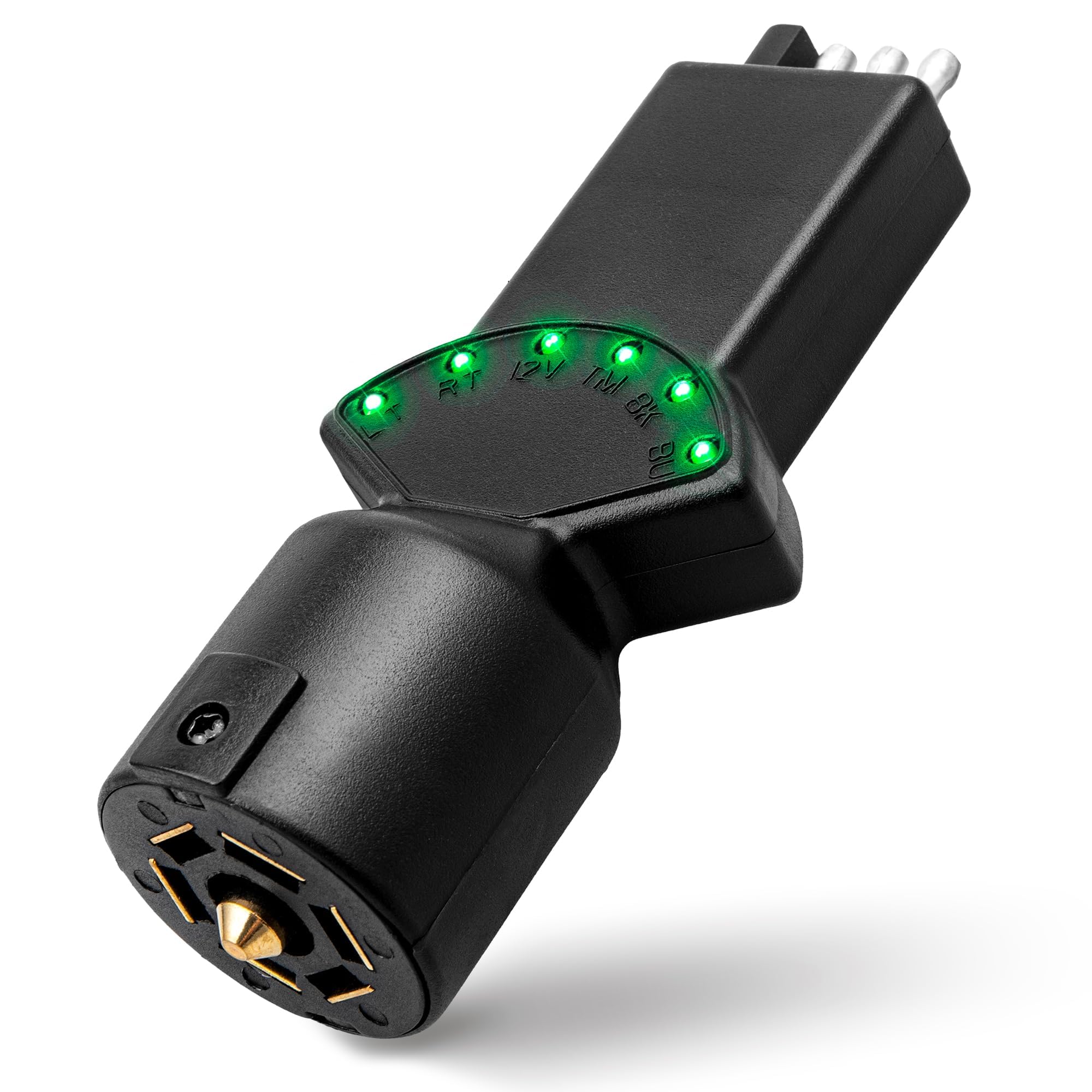 Oyviny front view of 7‑way and 4‑pin tester showing LEDs for quick diagnostics