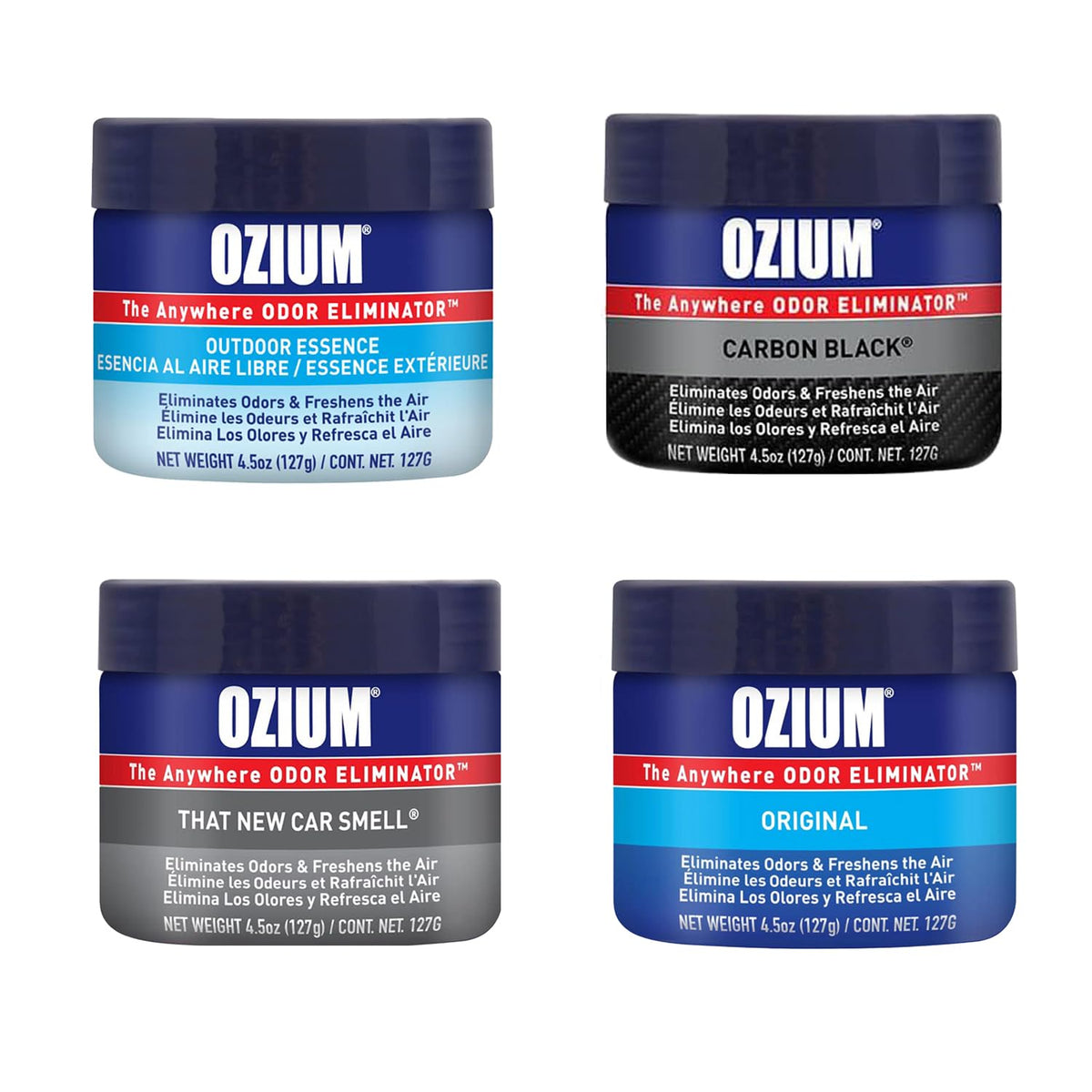 Ozium front packaging 4-pack showing variety and odor control benefit