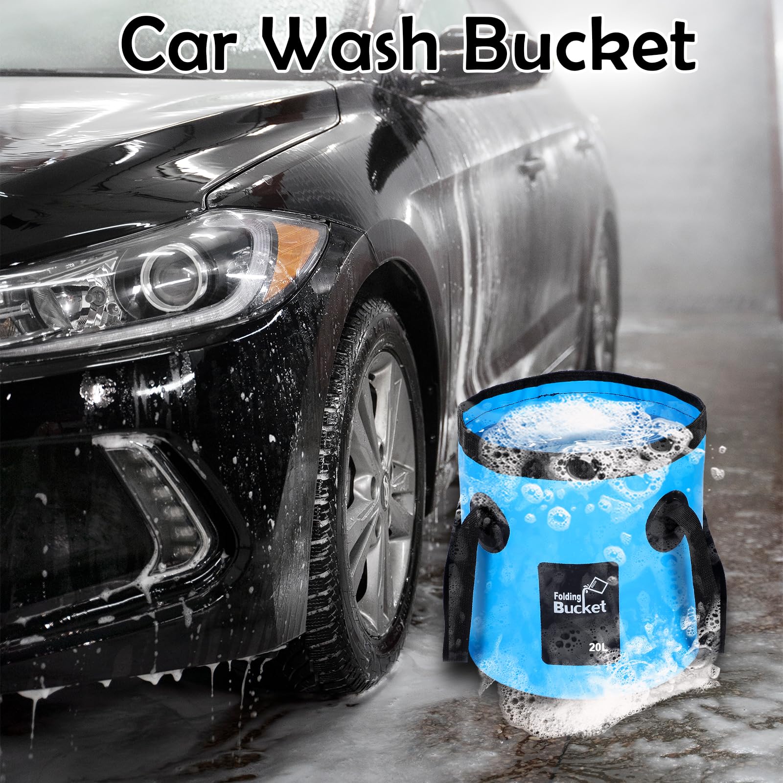 Pafeooui bucket used for car washing on driveway showing efficient cleaning support