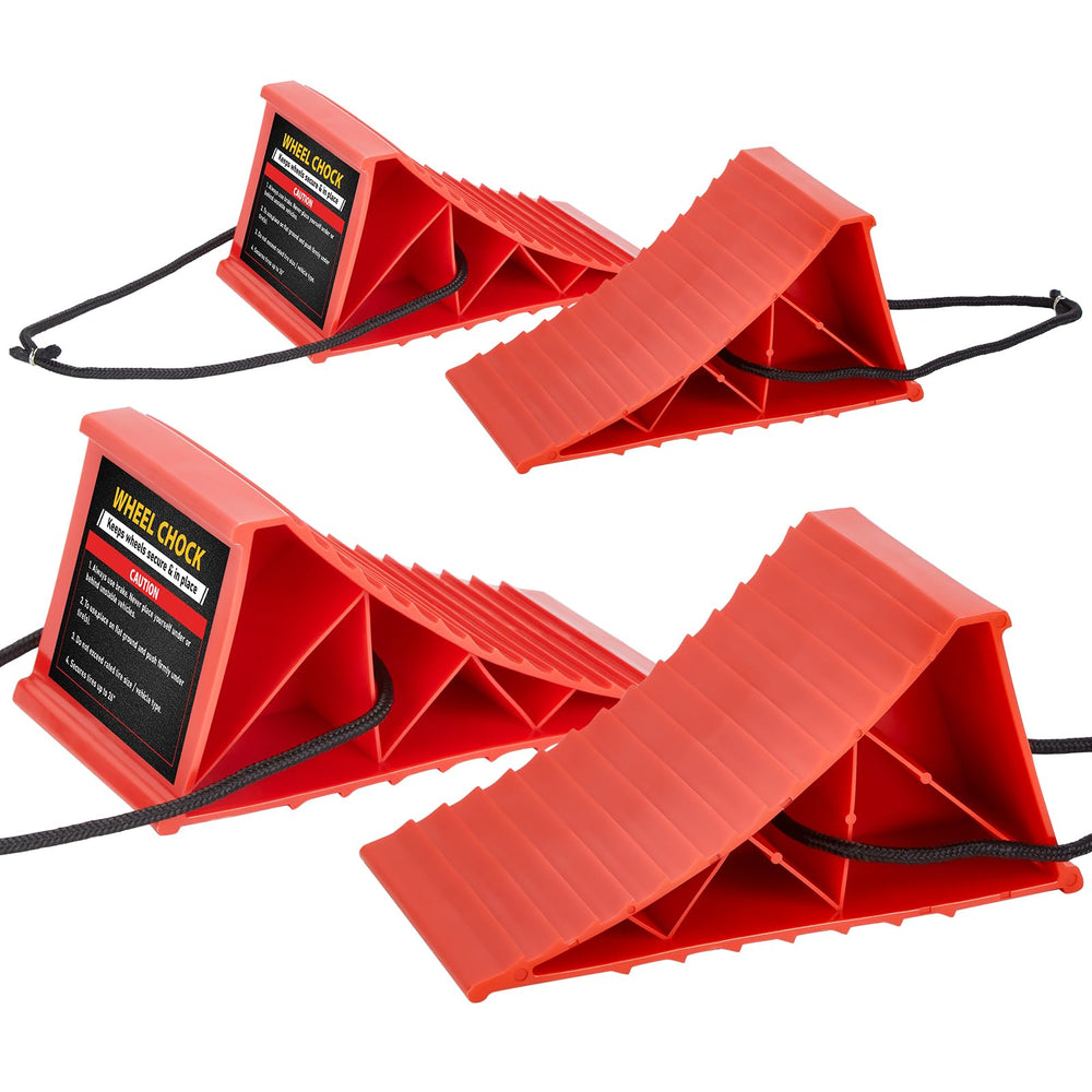PAHTTO front view of four red chocks showing compact pack and visibility benefits