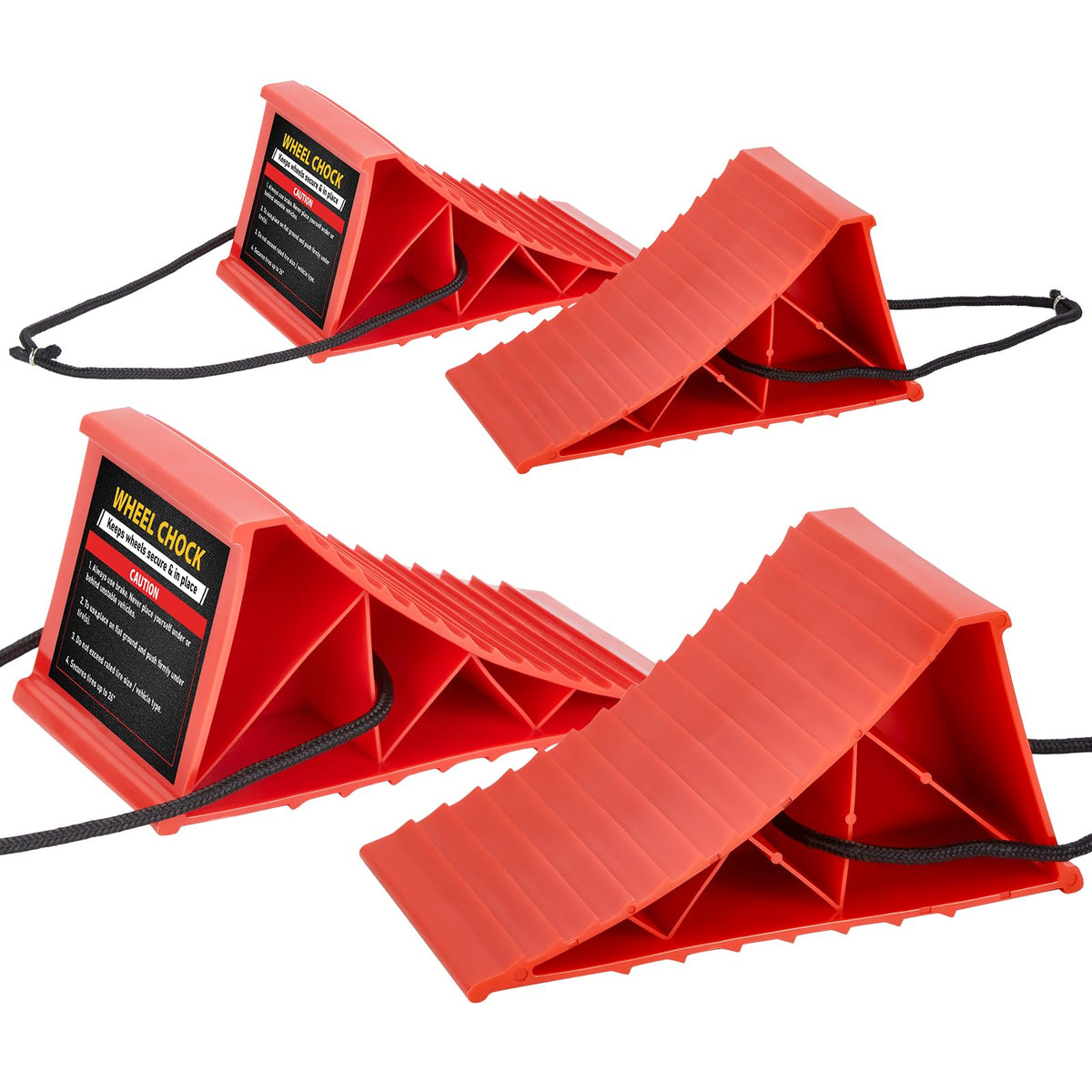 PAHTTO front view of four red chocks showing compact pack and visibility benefits