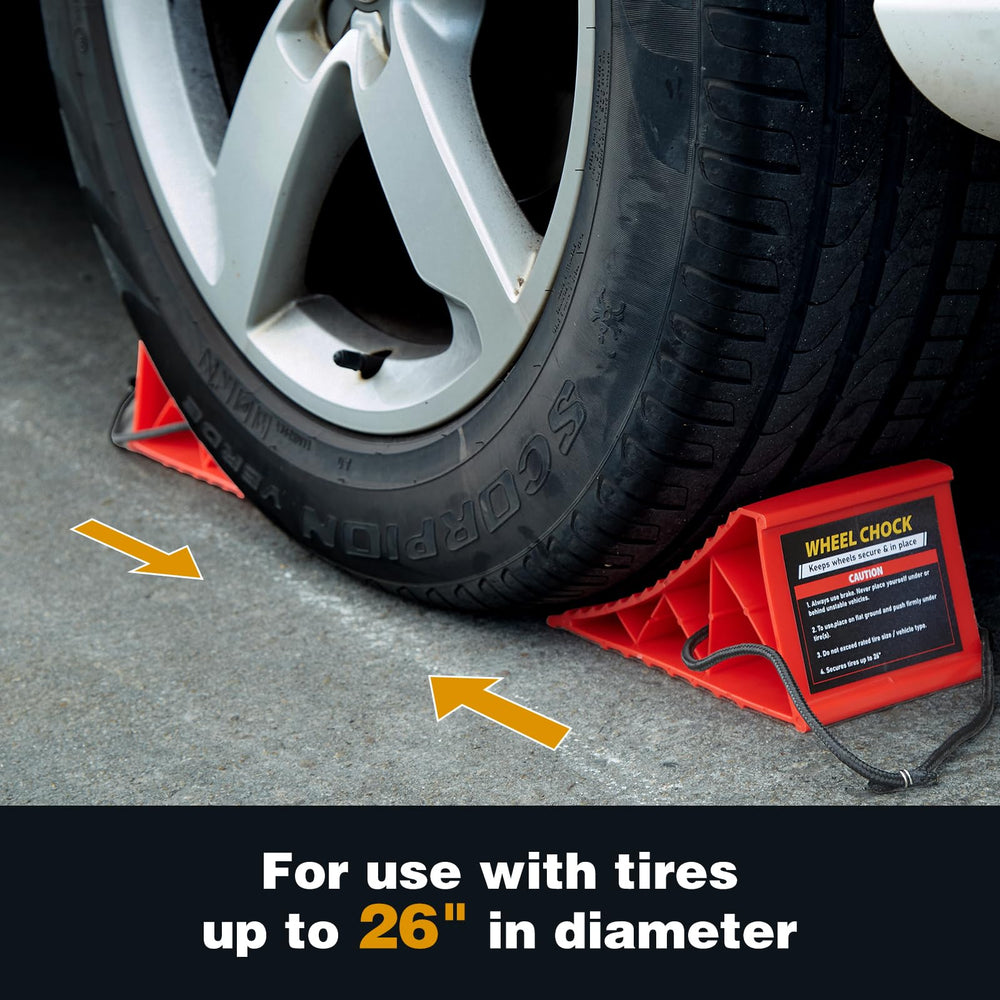 PAHTTO chock placed under RV tire showing stable parking at campsite