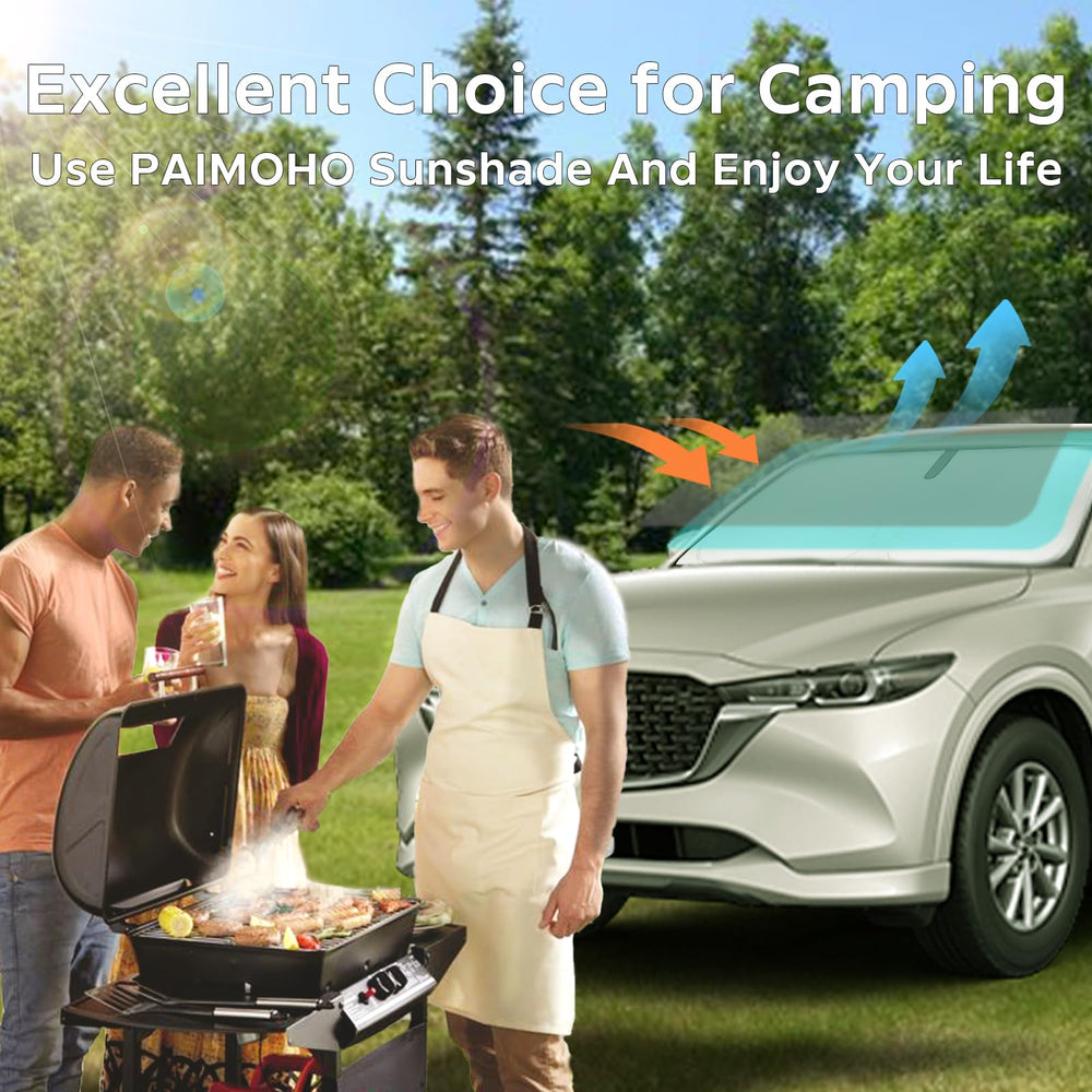 PAIMOHO sun shade on parked CR-V during camping showing outdoor protection benefit