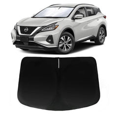 PAIMOHO front view of custom sun shade fitted to Murano windshield showing neat coverage and protection