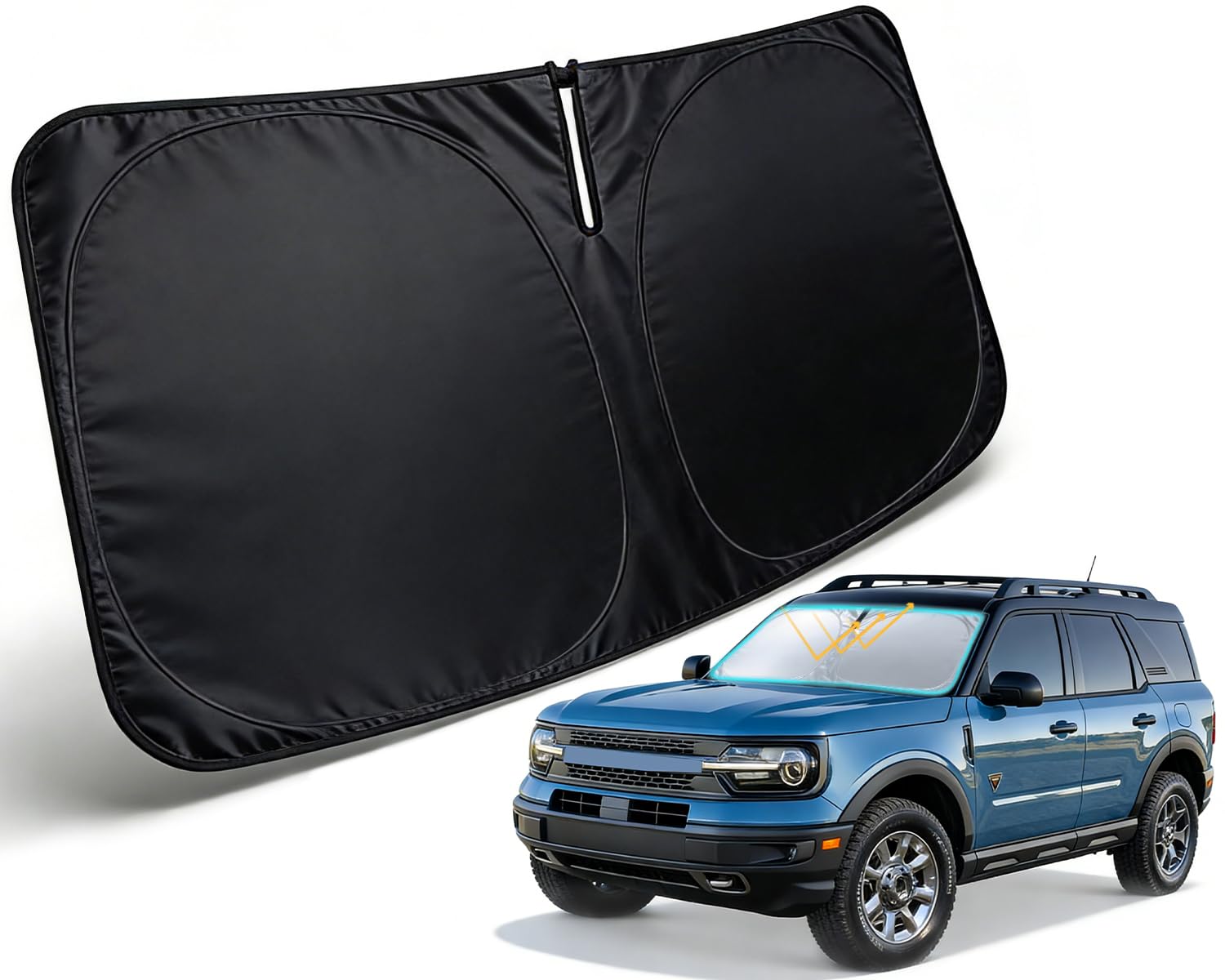 PAIMOHO front view showing custom-fit shade for Bronco Sport protecting dash
