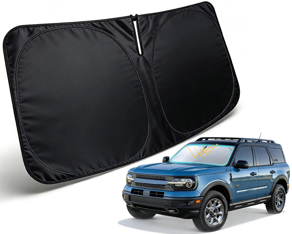 PAIMOHO front view showing custom-fit shade for Bronco Sport protecting dash