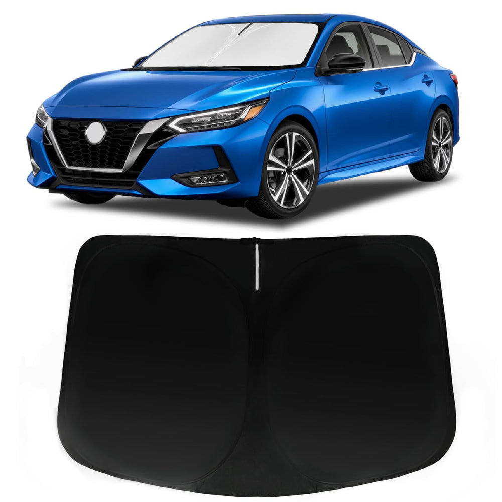 PAIMOHO front view sun shade perfectly covering Sentra windshield and blocking sun