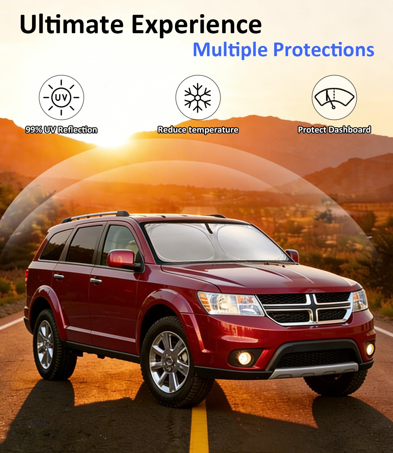 PAIMOHO installed inside Dodge Journey showing full windshield coverage and cabin protection