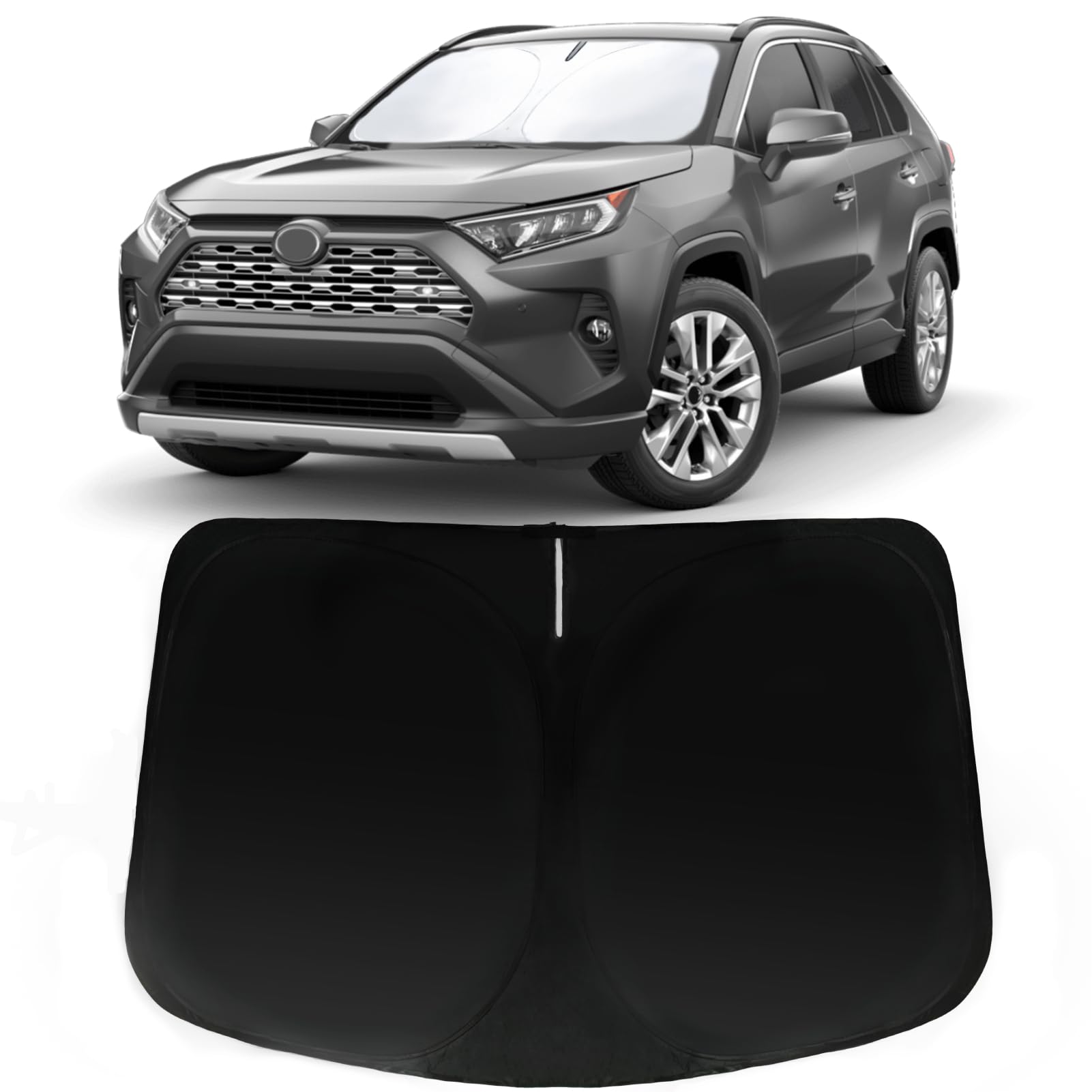 PAIMOHO front-fit sun shade installed showing exact RAV4 windshield coverage and sun protection