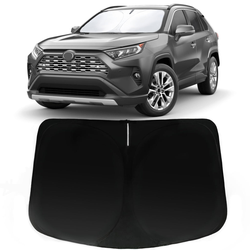 PAIMOHO front-fit sun shade installed showing exact RAV4 windshield coverage and sun protection