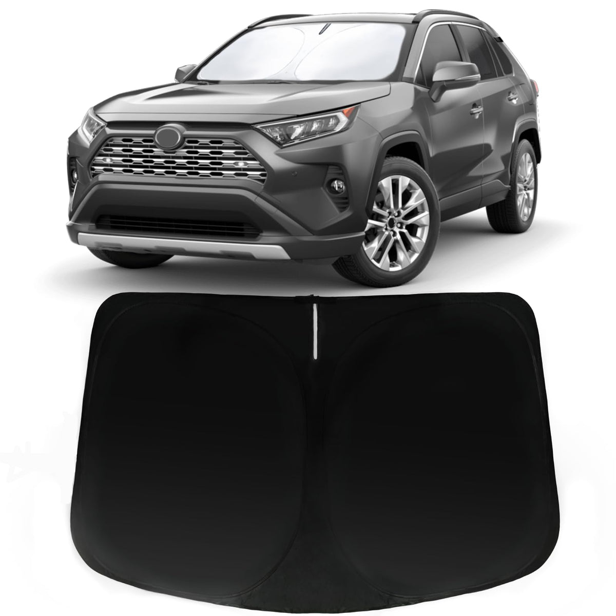 PAIMOHO front-fit sun shade installed showing exact RAV4 windshield coverage and sun protection