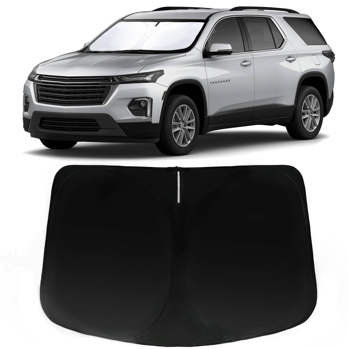 PAIMOHO front view of custom-fit sun shade showing full windshield coverage and protection