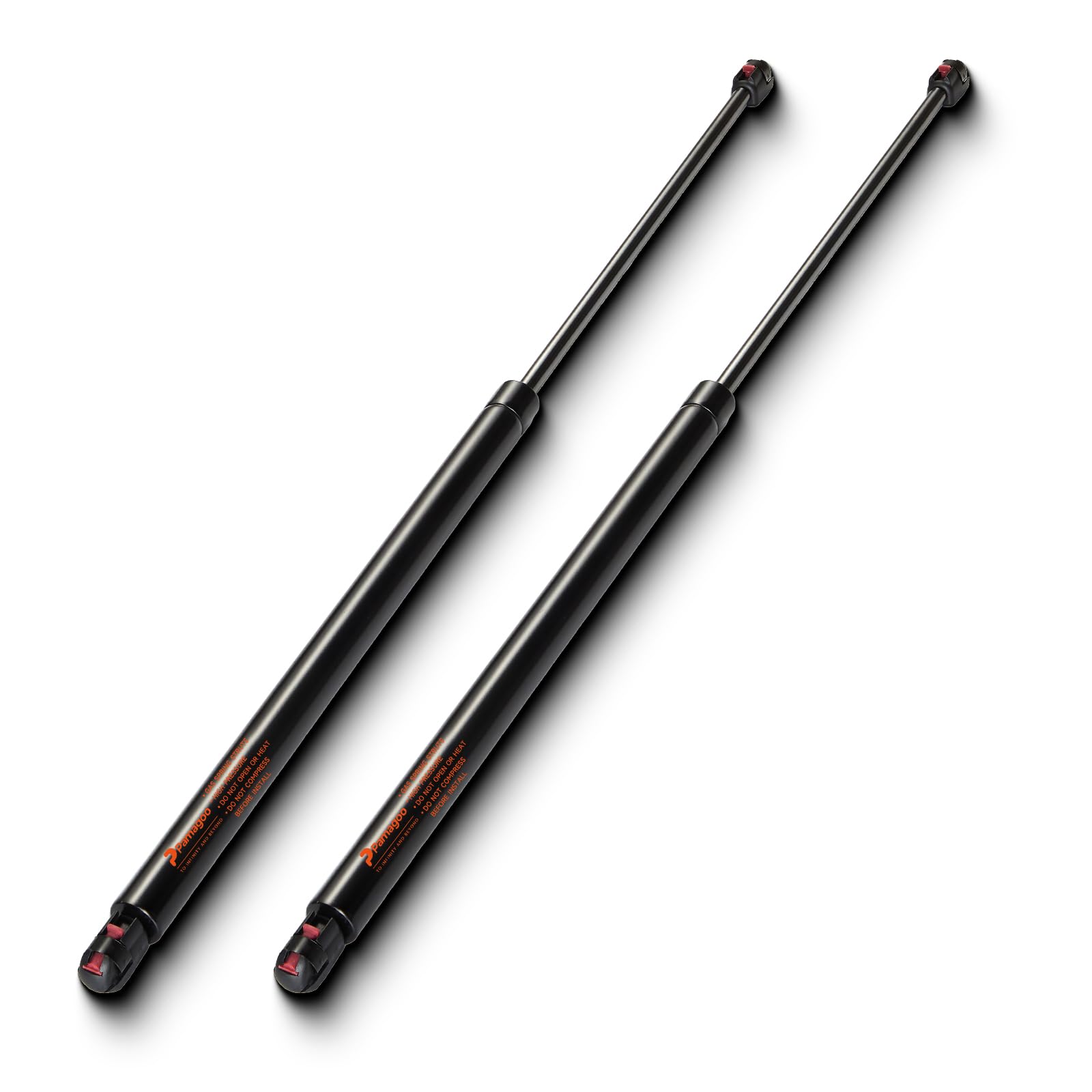 PAMAGOO front view of two 27 inch gas struts showing packaging and model