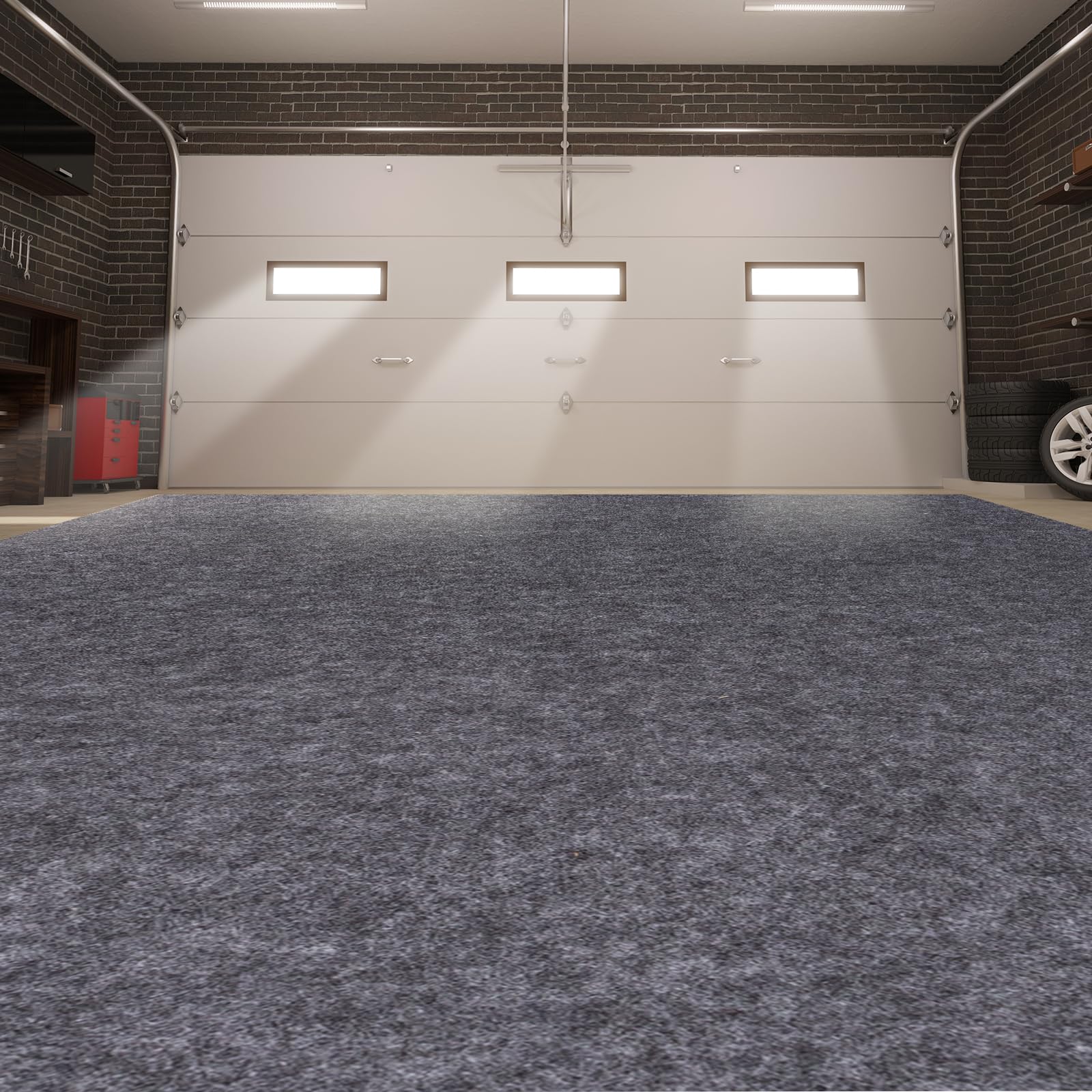 PANDOROOM front view of full 7.4x8.4 ft gray parking mat protecting garage floor