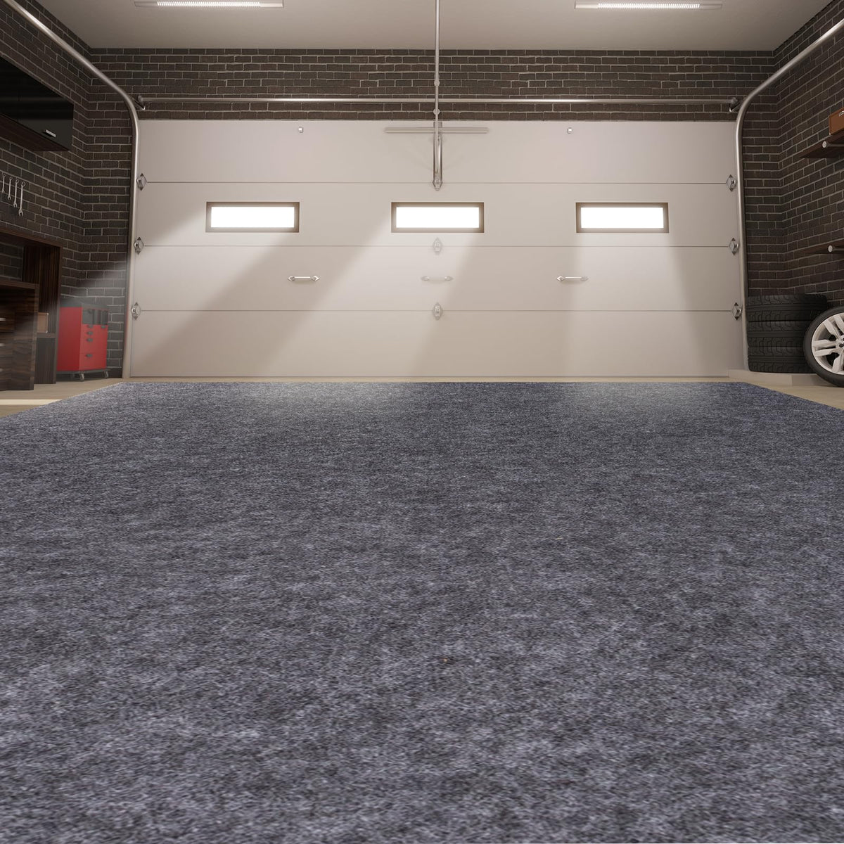 PANDOROOM front view of full 7.4x8.4 ft gray parking mat protecting garage floor