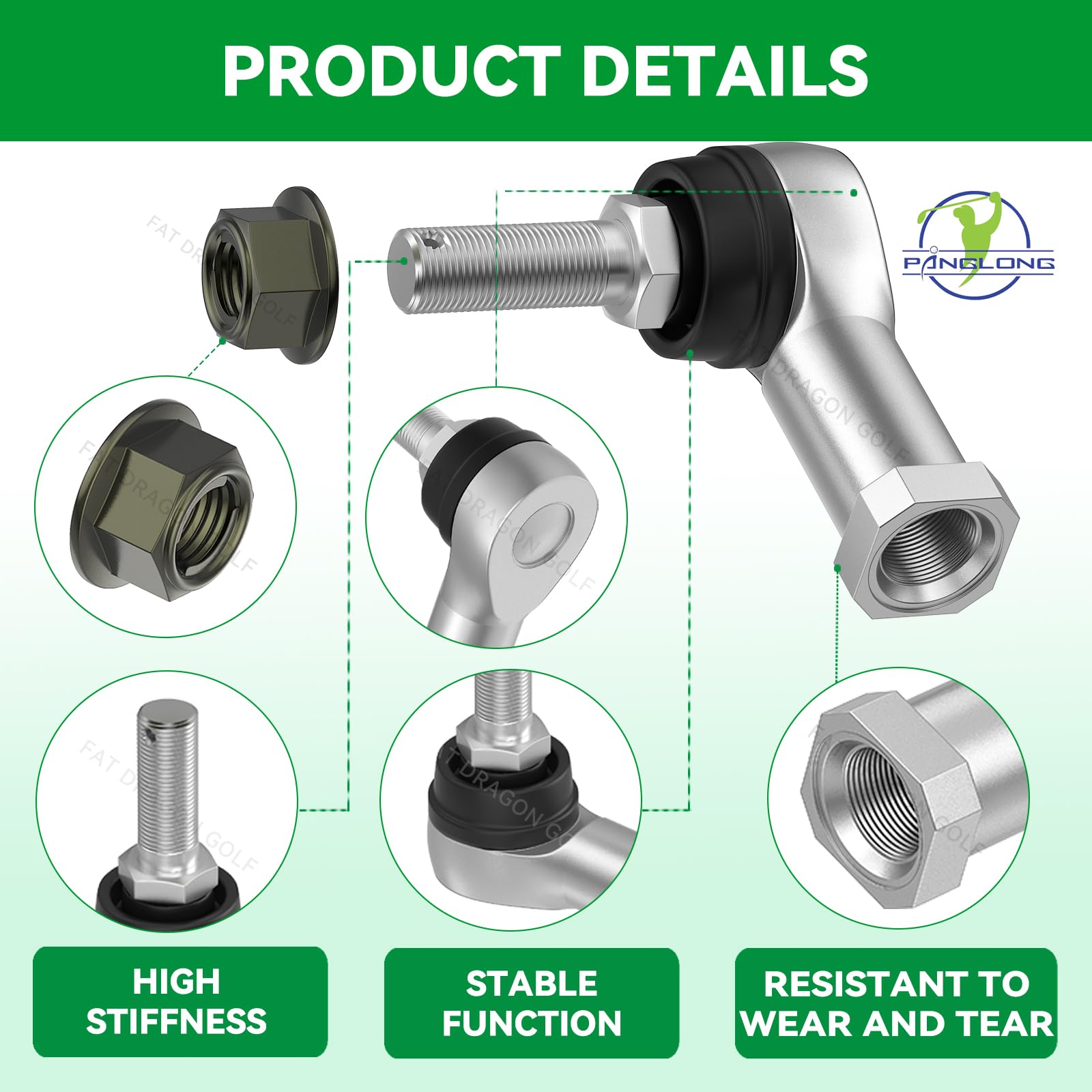 Panglong close-up of threaded stud and ball joint showing durable finish