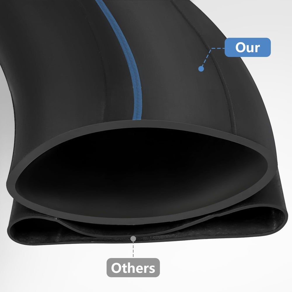 PaoWin inner tube beside a ruler showing size fit for 5.50-16 and 6.00-16 tires