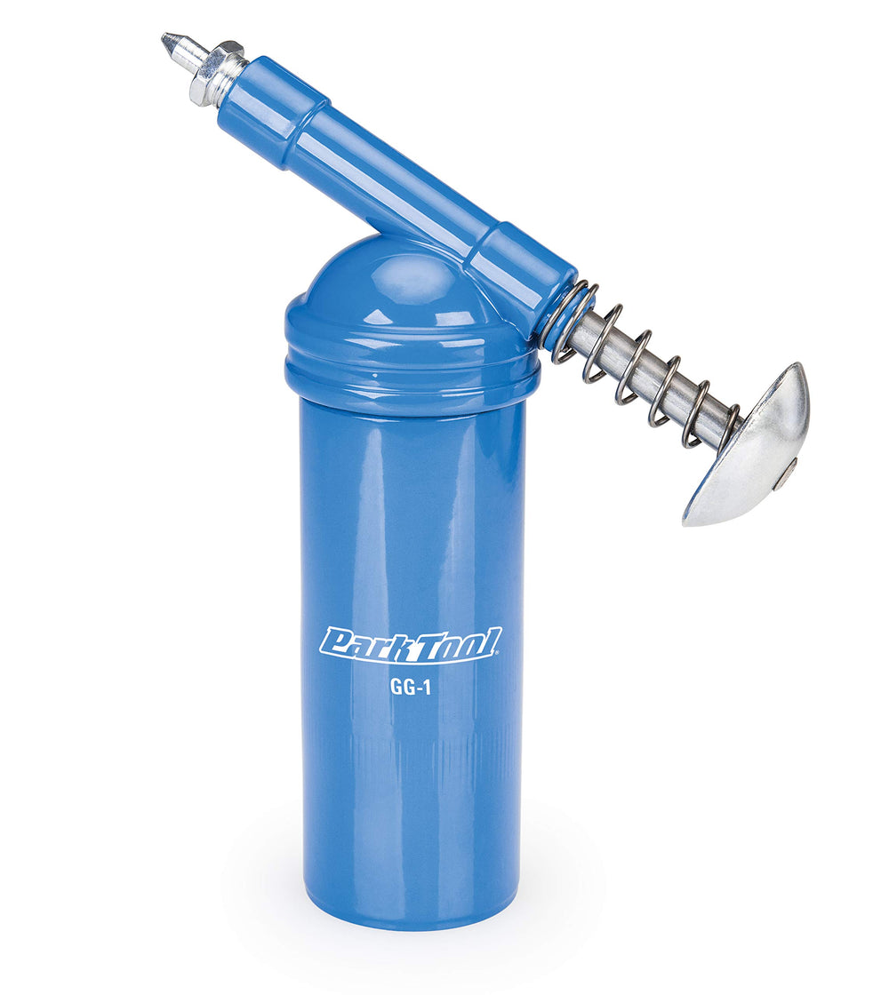 Park Tool GG-1 front view showing silver body and canister for durable shop-ready dispensing