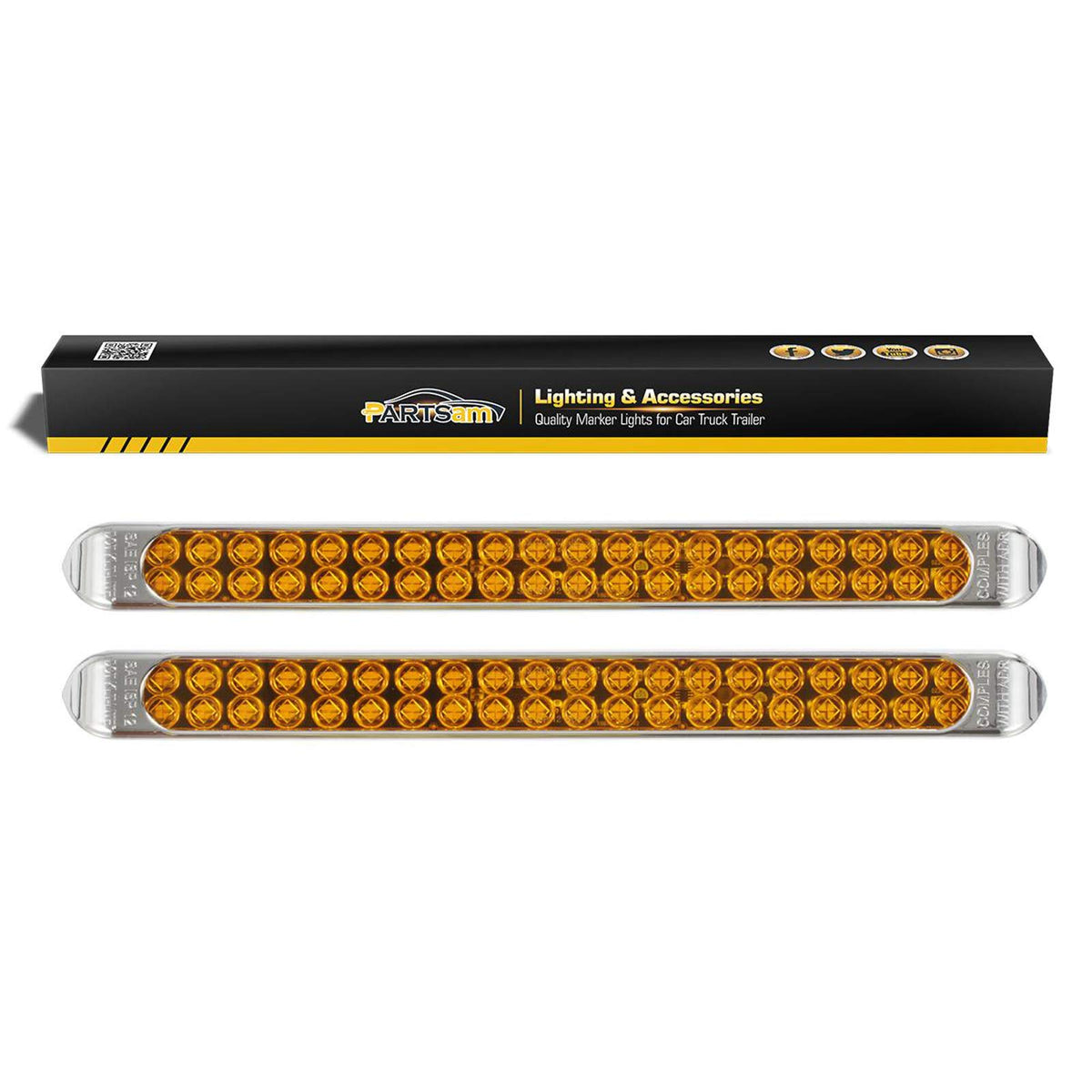 Partsam front view of 17-inch amber light bar showing compact profile and bright visibility