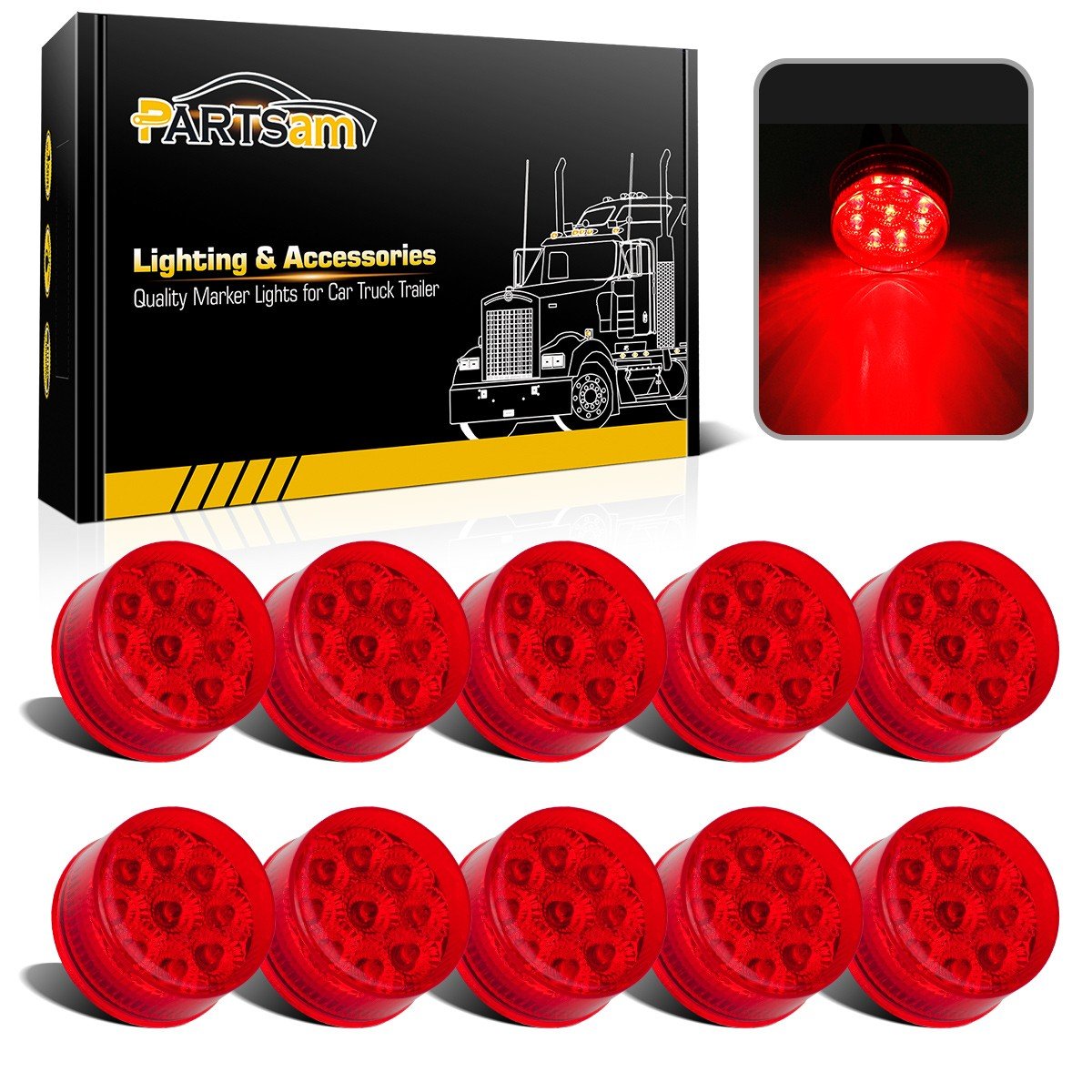 Partsam front view of 2-inch red marker light showing lens and reflector benefit visibility